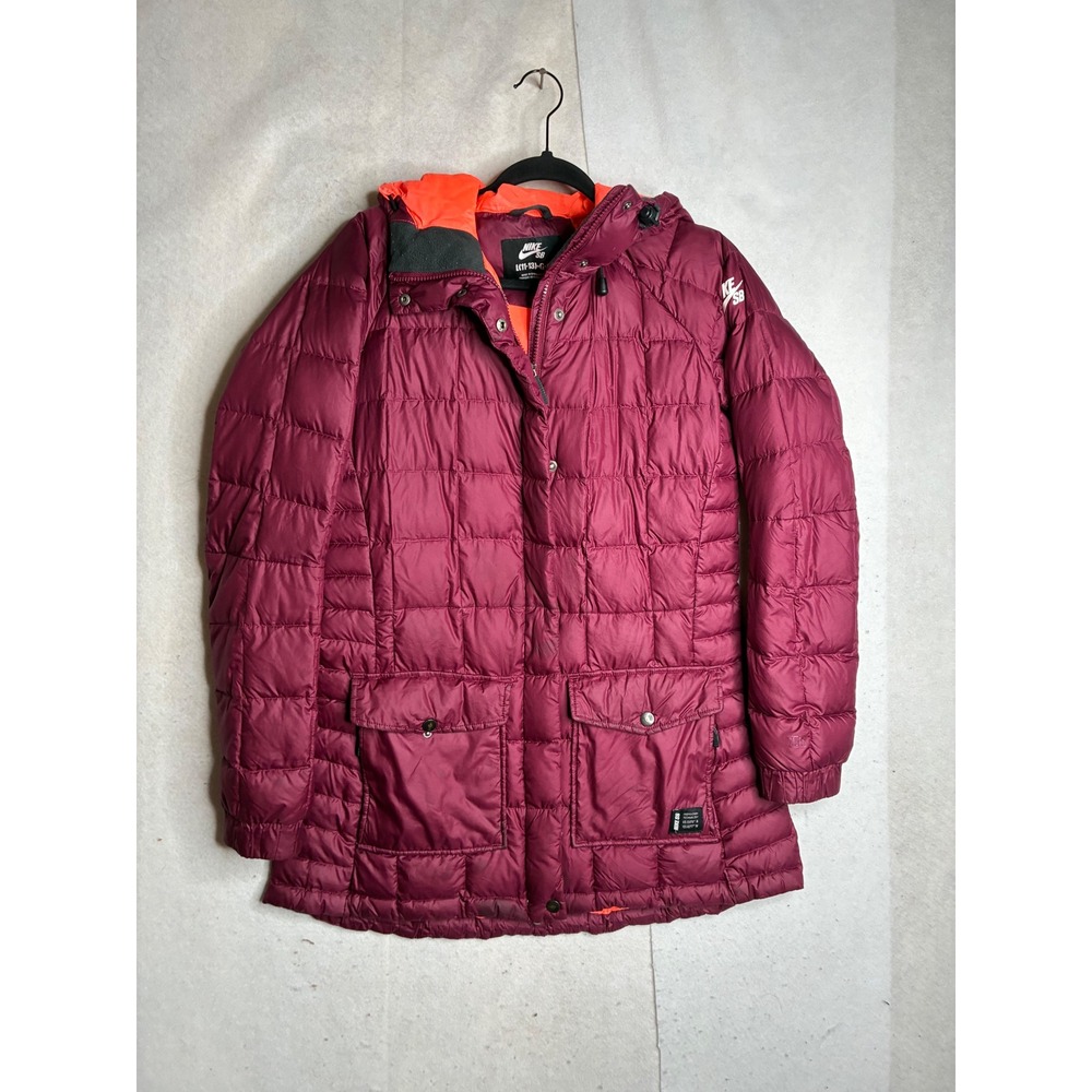 Nike SB Girls Burgundy Down Puffer Parka Jacket Maroon Orange Hooded L 11-13 615